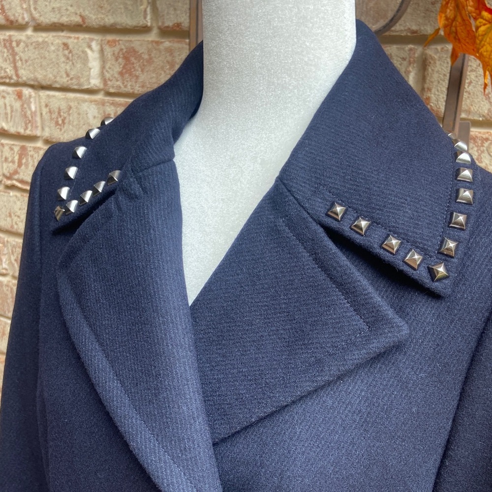 Sale! Studded Navy Women's Coat w/ studded collar,leather accents. Michael Kors. - Picture 2 of 16